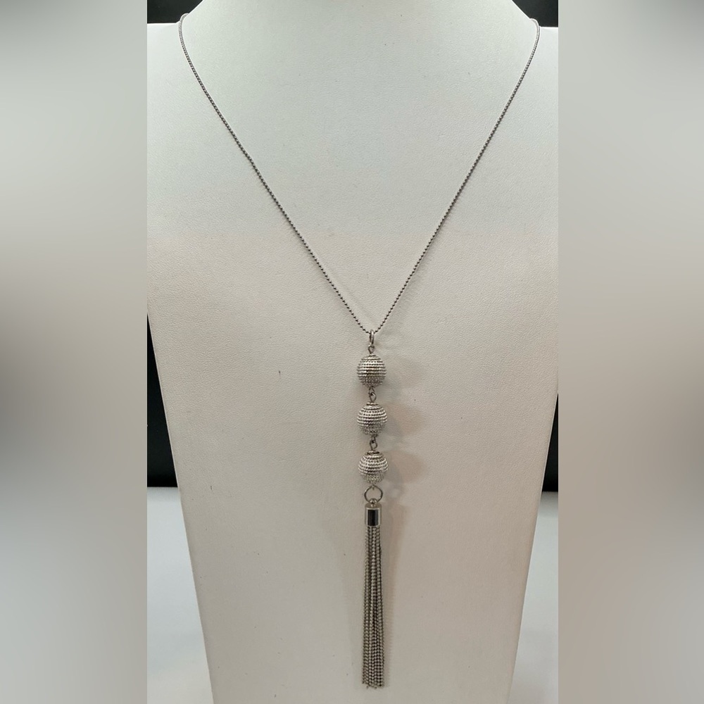 INC INTERNATIONAL CONCEPTS EXTRA LONG SILVERTONE BALL TASSEL LARIAT NECKLACE